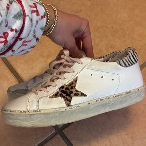Golden Goose White Leather Sneakers with Leopard Star and Pink Laces